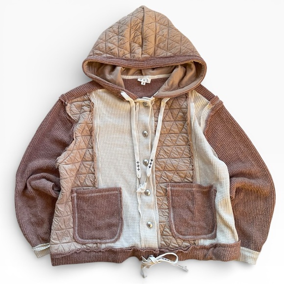 POL Jackets & Blazers - Pol Quilted Pieced Raw Edge Waffle Hooded Jacket S Oversized Brown Tan Cream